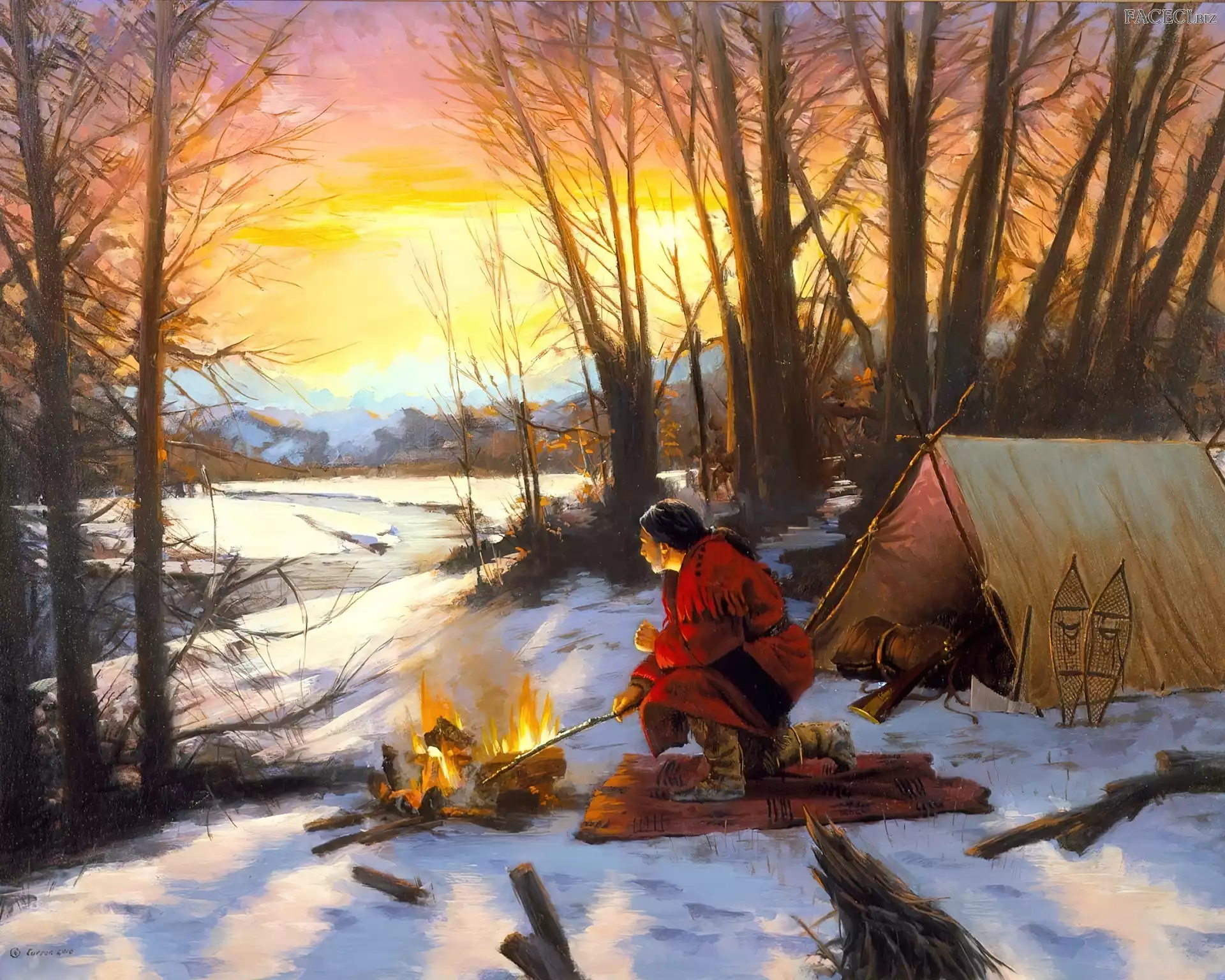 Słońca, Ognisko, Mężczyzna, Zima, Zachód, Traper, Namiot